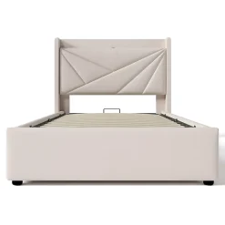 Gutent Lit rembourré lit coffre lit 90x200 cm lit de rangement lit tête de lit à fonction de charge usb type c Single coton lin beige Hot