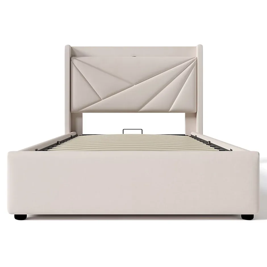 Gutent Lit rembourré lit coffre lit 90x200 cm lit de rangement lit tête de lit à fonction de charge usb type c Single coton lin beige Hot