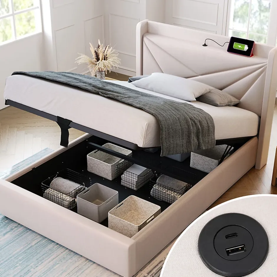 Gutent Lit rembourré lit coffre lit 90x200 cm lit de rangement lit tête de lit à fonction de charge usb type c Single coton lin beige Hot