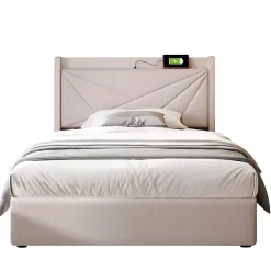 Gutent Lit rembourré lit coffre lit 90x200 cm lit de rangement lit tête de lit à fonction de charge usb type c Single coton lin beige Hot