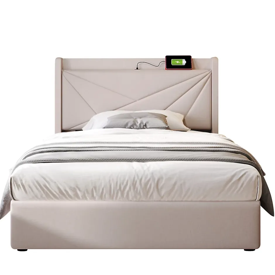 Gutent Lit rembourré lit coffre lit 90x200 cm lit de rangement lit tête de lit à fonction de charge usb type c Single coton lin beige Hot