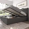 Gutent Lit rembourré lit coffre lit 160x200 cm lit de rangement lit tête de lit à fonction de charge usb type c lit double coton lin gris Clearance