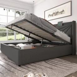 Gutent Lit rembourré lit coffre lit 160x200 cm lit de rangement lit tête de lit à fonction de charge usb type c lit double coton lin gris Clearance