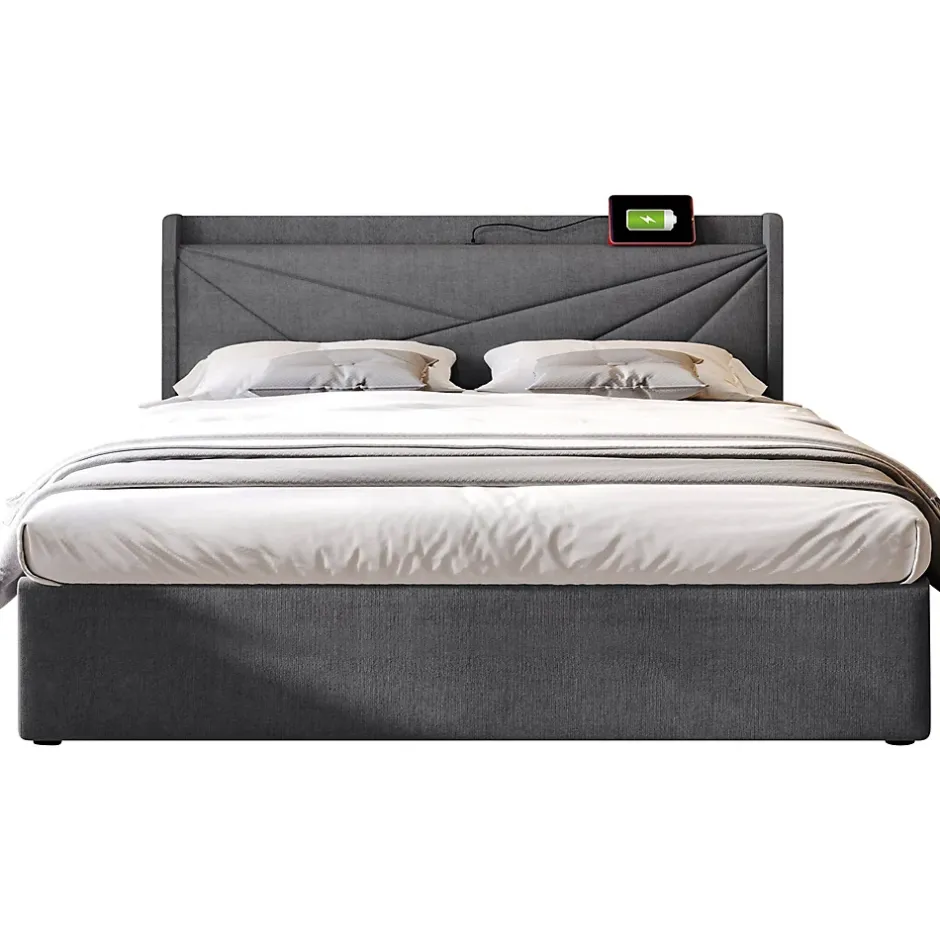 Gutent Lit rembourré lit coffre lit 160x200 cm lit de rangement lit tête de lit à fonction de charge usb type c lit double coton lin gris Clearance