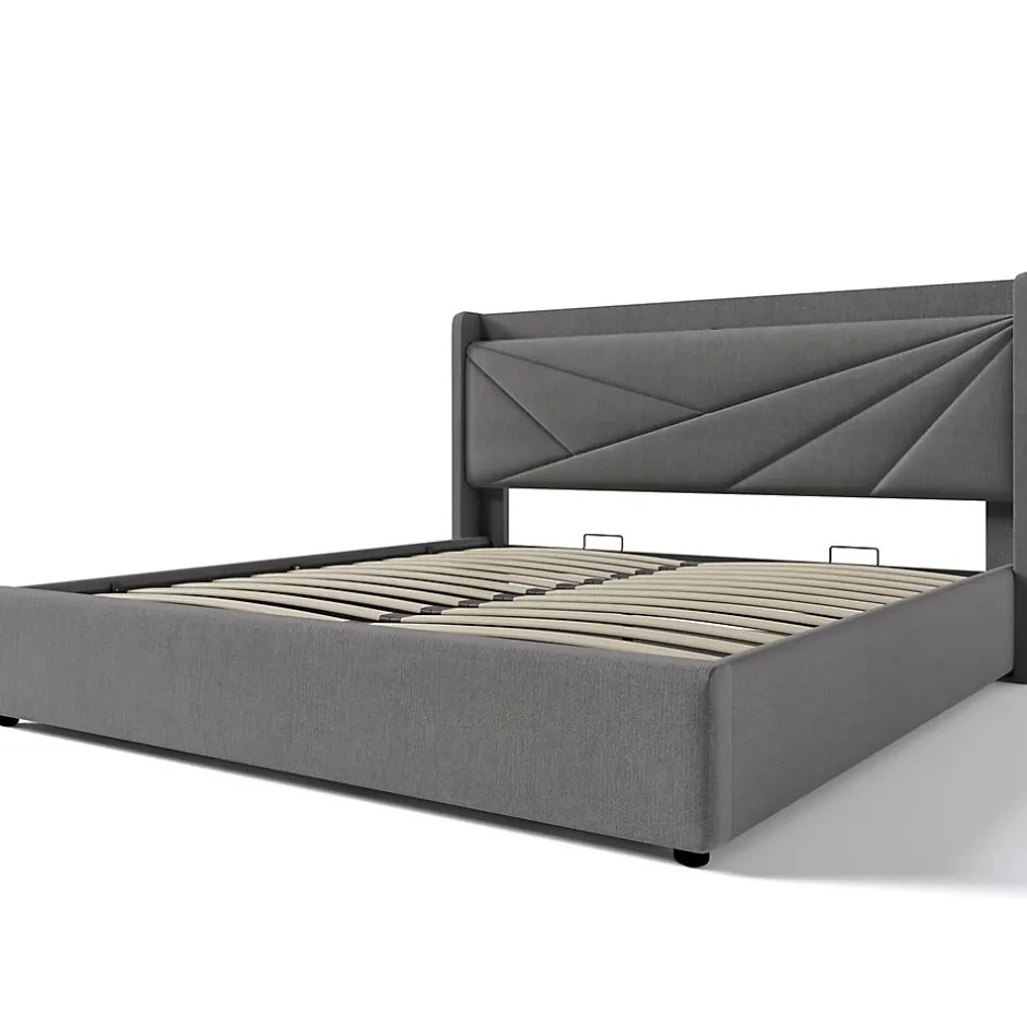 Gutent Lit rembourré lit coffre lit 160x200 cm lit de rangement lit tête de lit à fonction de charge usb type c lit double coton lin gris Clearance