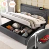 Gutent Lit rembourré lit coffre 140x200 cm lit de rangement lit tête de lit à fonction de charge usb type c lit double coton lin gris