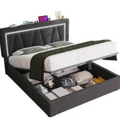 Gutent Lit rembourré lit coffre 140x200 cm lit de rangement lit eclairage led avec fonction de chargement usb type c lit double lin gris