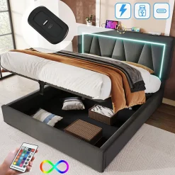 Gutent Lit rembourré lit coffre 140x200 cm lit de rangement lit eclairage led avec fonction de chargement usb type c lit double lin gris