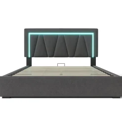 Gutent Lit rembourré lit coffre 140x200 cm lit de rangement lit eclairage led avec fonction de chargement usb type c lit double lin gris