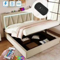 Gutent Lit rembourré lit coffre 160x200 cm lit de rangement lit eclairage led avec fonction de chargement usb type c lit double lin beige