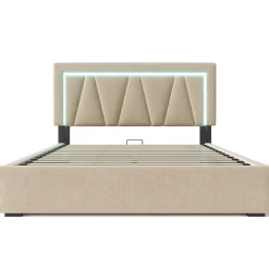 Gutent Lit rembourré lit coffre 160x200 cm lit de rangement lit eclairage led avec fonction de chargement usb type c lit double lin beige