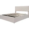 Gutent Lit rembourré lit coffre 140x200 cm lit de rangement lit tête de lit à fonction de charge usb type c lit double coton lin beige Outlet