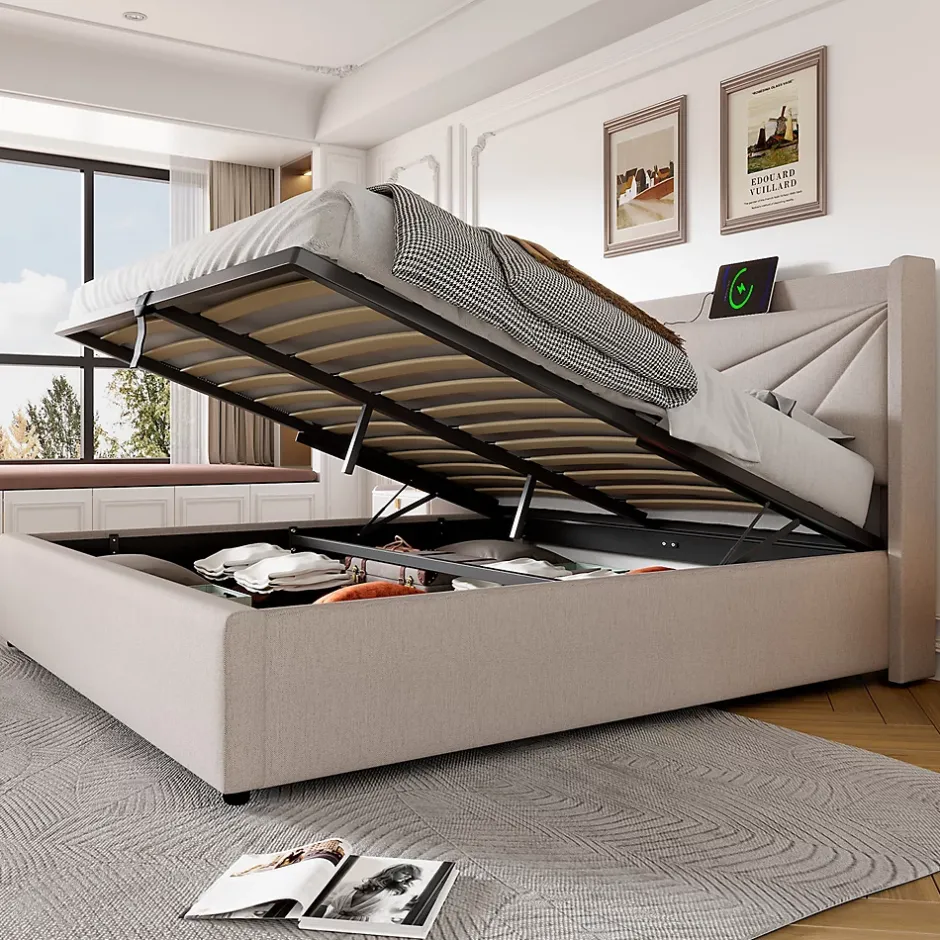 Gutent Lit rembourré lit coffre 140x200 cm lit de rangement lit tête de lit à fonction de charge usb type c lit double coton lin beige Outlet