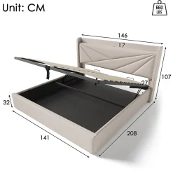 Gutent Lit rembourré lit coffre 140x200 cm lit de rangement lit tête de lit à fonction de charge usb type c lit double coton lin beige Outlet