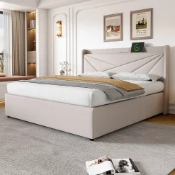 Gutent Lit rembourré lit coffre 140x200 cm lit de rangement lit tête de lit à fonction de charge usb type c lit double coton lin beige Outlet