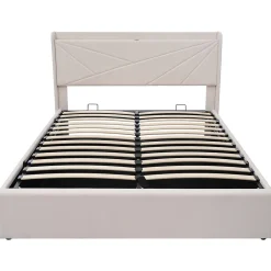 Gutent Lit rembourré lit coffre 140x200 cm lit de rangement lit tête de lit à fonction de charge usb type c lit double coton lin beige Outlet