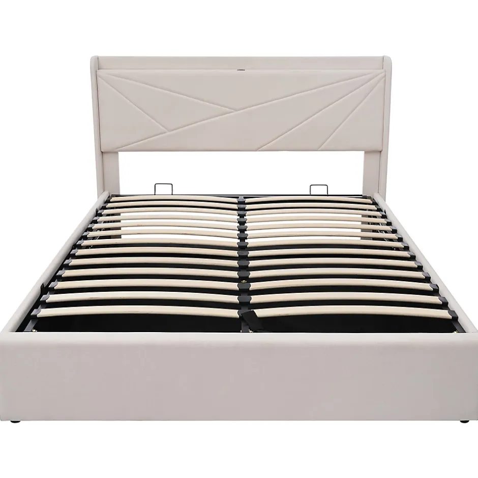 Gutent Lit rembourré lit coffre 140x200 cm lit de rangement lit tête de lit à fonction de charge usb type c lit double coton lin beige Outlet