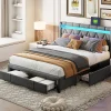 Simple Life Lit Rembourré lit double 160x200cm avec 4 tiroirs et LED, USB, cadre de lit, lin gris