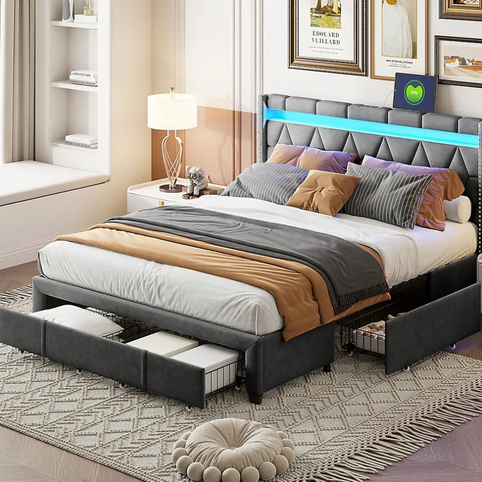 Simple Life Lit Rembourré lit double 160x200cm avec 4 tiroirs et LED, USB, cadre de lit, lin gris