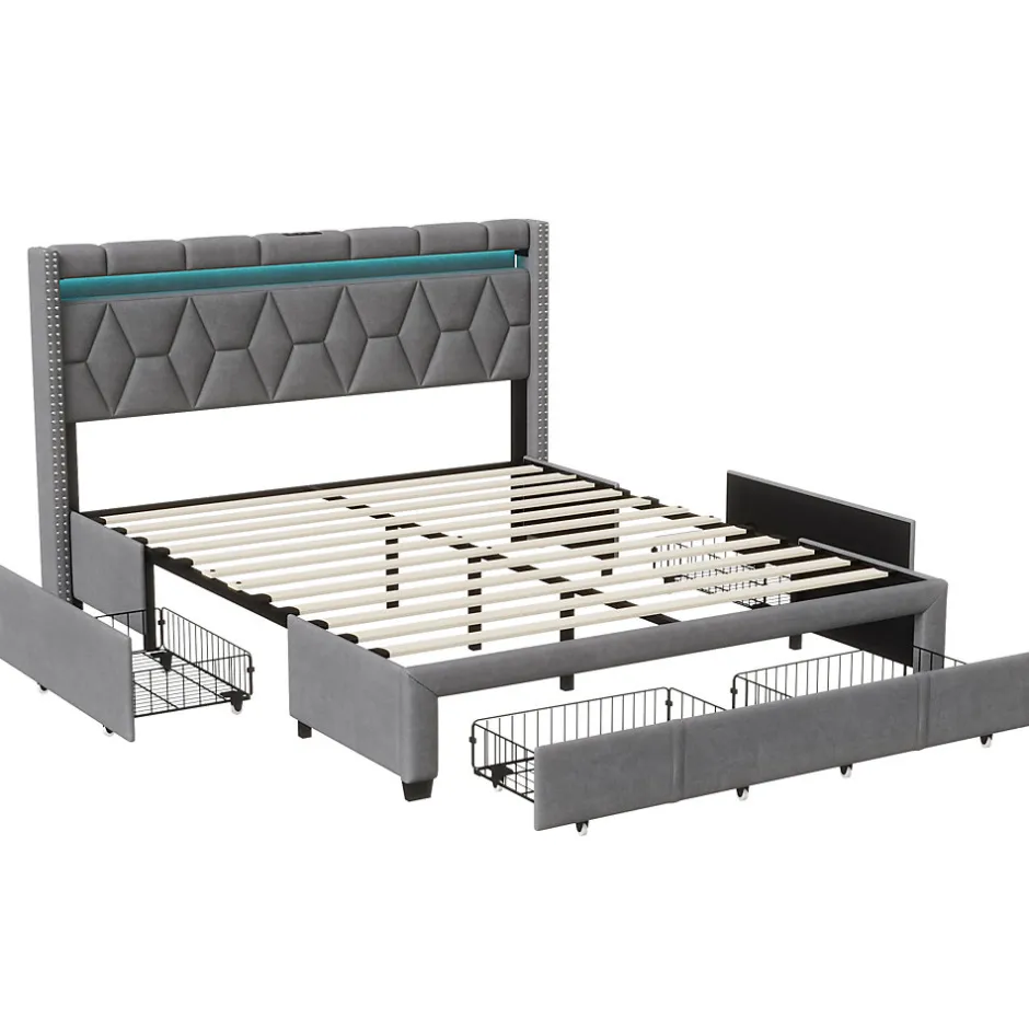 Simple Life Lit Rembourré lit double 160x200cm avec 4 tiroirs et LED, USB, cadre de lit, lin gris