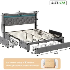 Simple Life Lit Rembourré lit double 160x200cm avec 4 tiroirs et LED, USB, cadre de lit, lin gris