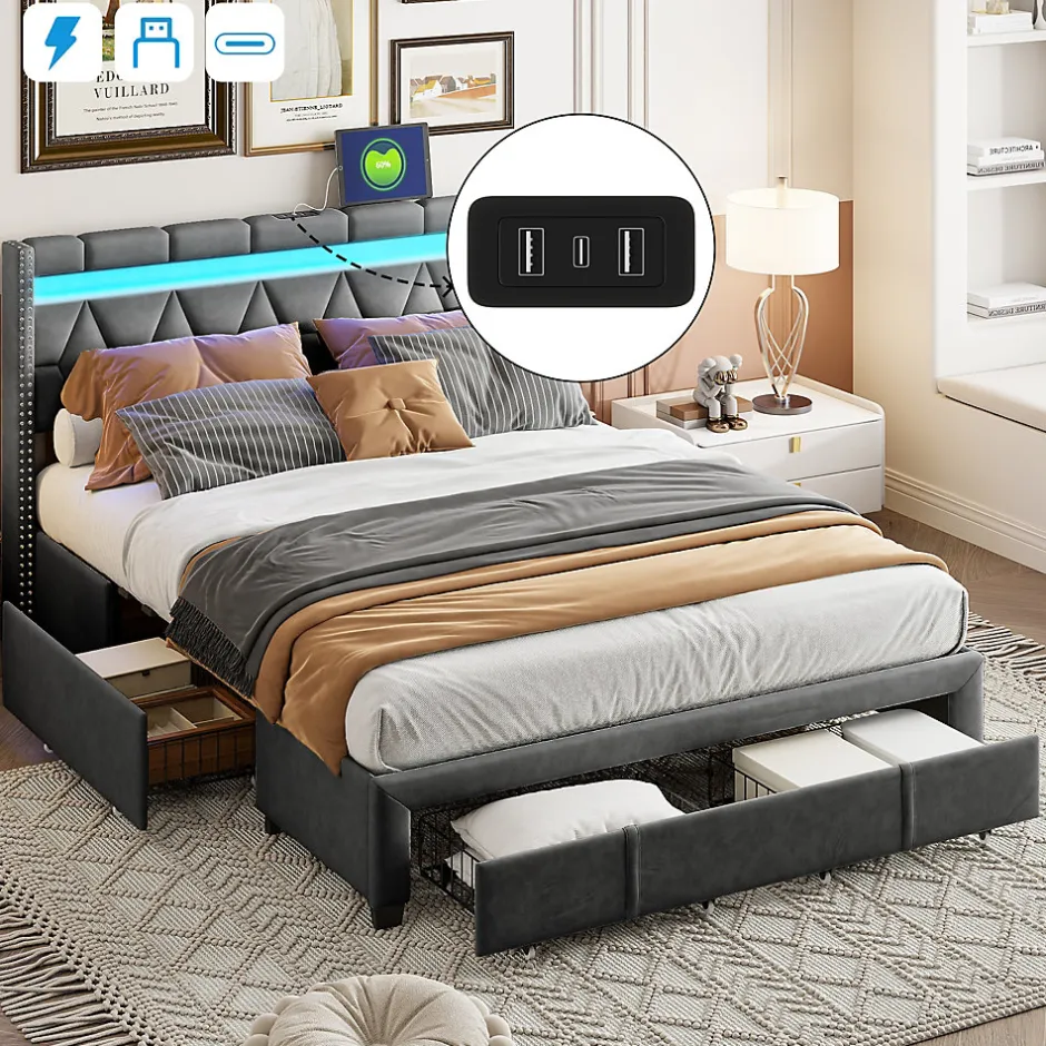 Simple Life Lit Rembourré lit double 160x200cm avec 4 tiroirs et LED, USB, cadre de lit, lin gris