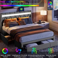 Simple Life Lit Rembourré lit double 160x200cm avec 4 tiroirs et LED, USB, cadre de lit, lin gris