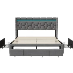 Simple Life Lit Rembourré lit double 160x200cm avec 4 tiroirs et LED, USB, cadre de lit, lin gris