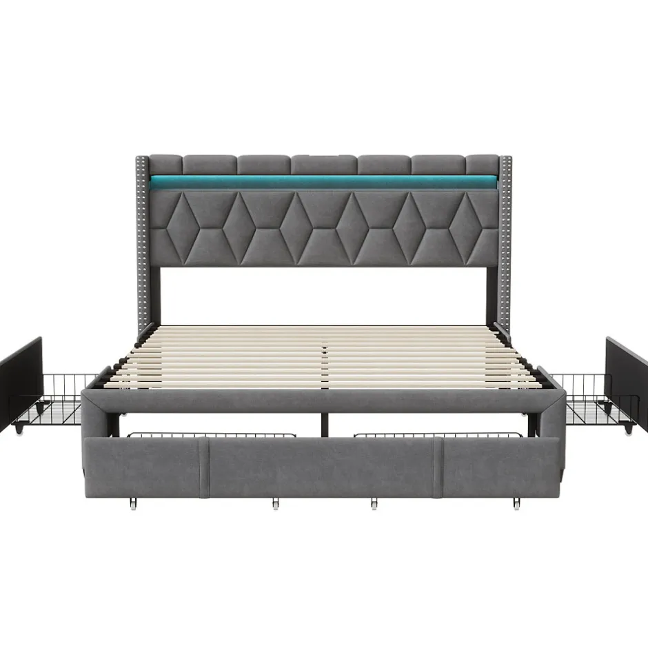 Simple Life Lit Rembourré lit double 160x200cm avec 4 tiroirs et LED, USB, cadre de lit, lin gris