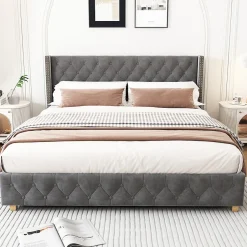 Gutent Lit rembourré lit 160x200cm lit rembourrage à rivets lit pieds en bois velours gris