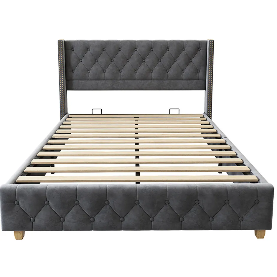 Gutent Lit rembourré lit 160x200cm lit rembourrage à rivets lit pieds en bois velours gris