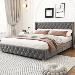 Gutent Lit rembourré lit 160x200cm lit rembourrage à rivets lit pieds en bois velours gris