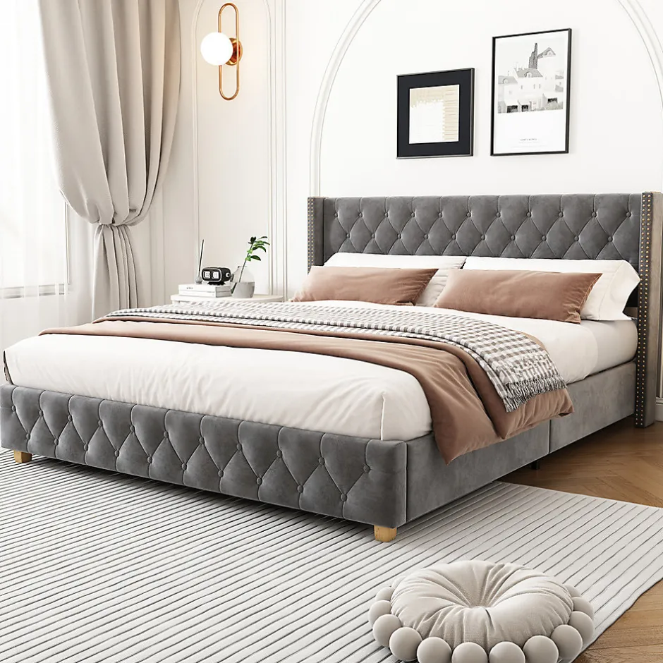 Gutent Lit rembourré lit 160x200cm lit rembourrage à rivets lit pieds en bois velours gris