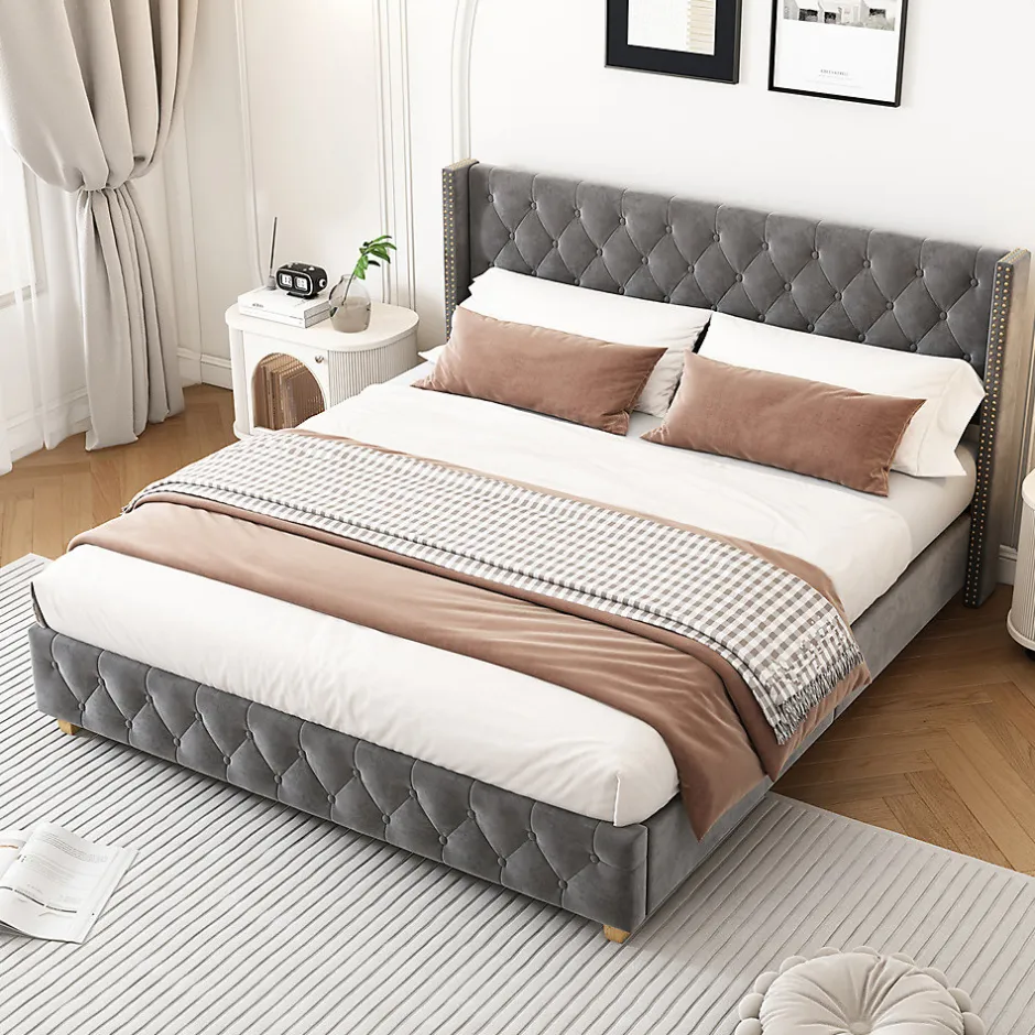 Gutent Lit rembourré lit 160x200cm lit rembourrage à rivets lit pieds en bois velours gris