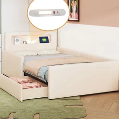 Enfant Blackcolors Lit rembourré pour enfant 90 x 200 cm, veilleuse USB, compartiments de rangement, beige,
