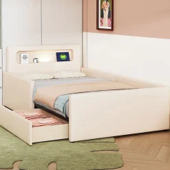 Enfant Blackcolors Lit rembourré pour enfant 90 x 200 cm, veilleuse USB, compartiments de rangement, beige,