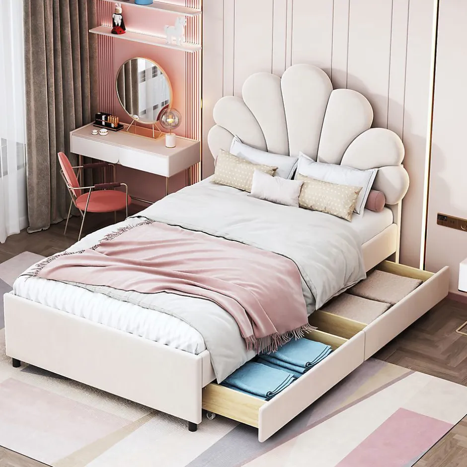 Blackcolors Lit rembourré pour enfant 90 x 200 cm, tête de lit à fleurs, 2 compartiments, beige, Online