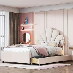Blackcolors Lit rembourré pour enfant 90 x 200 cm, tête de lit à fleurs, 2 compartiments, beige, Online