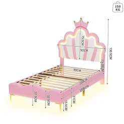 Enfant Fortuna lai Lit Rembourré Pour Enfant 90 X 200 Cm Avec LED, Lit De Princesse Couronne, En Polyuréthane, Rose
