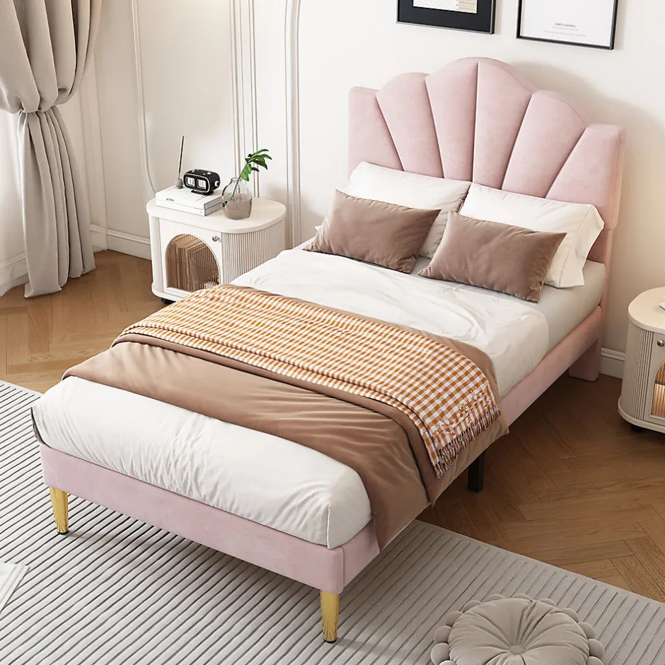 Gutent Lit rembourré Single 90x200 cm avec sommier à lattes - tête de lit réglable - tissu en velours - rose