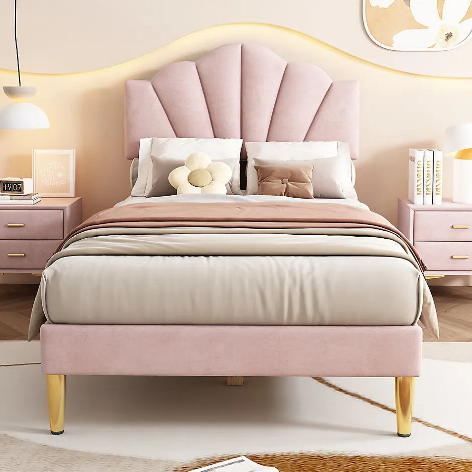 Gutent Lit rembourré Single 90x200 cm avec sommier à lattes - tête de lit réglable - tissu en velours - rose
