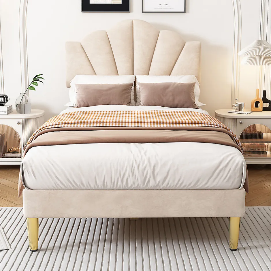 Gutent Lit rembourré Single 90x200 cm avec sommier à lattes - tête de lit réglable - tissu en velours - beige
