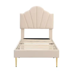 Gutent Lit rembourré Single 90x200 cm avec sommier à lattes - tête de lit réglable - tissu en velours - beige