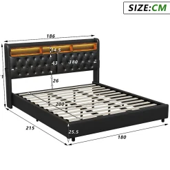 Simple Life Lit Rembourré 180x200 avec USB et prises, LED,lit à coffre hydraulique lit double, simili cuir, noir Clearance