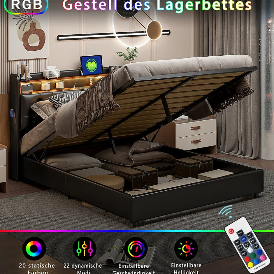Simple Life Lit Rembourré 180x200 avec USB et prises, LED,lit à coffre hydraulique lit double, simili cuir, noir Clearance