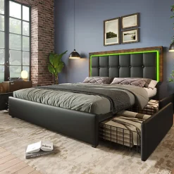 ModernLuxe Lit rembourré 160x200 cm avec LED et 4 tiroirs - tête de lit réglable en hauteur - en similicuir noir
