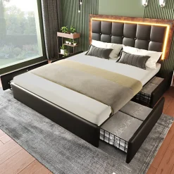ModernLuxe Lit rembourré 160x200 cm avec LED et 4 tiroirs - tête de lit réglable en hauteur - en similicuir noir