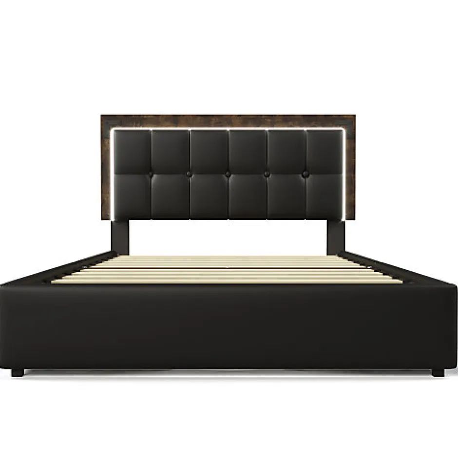 ModernLuxe Lit rembourré 160x200 cm avec LED et 4 tiroirs - tête de lit réglable en hauteur - en similicuir noir