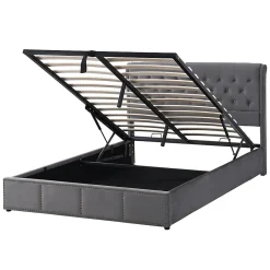 Gutent Lit rembourré 140x190 cm, avec levier hydraulique, lit fonctionnel de rangement, ornementation de rivets, velours, gris Sale