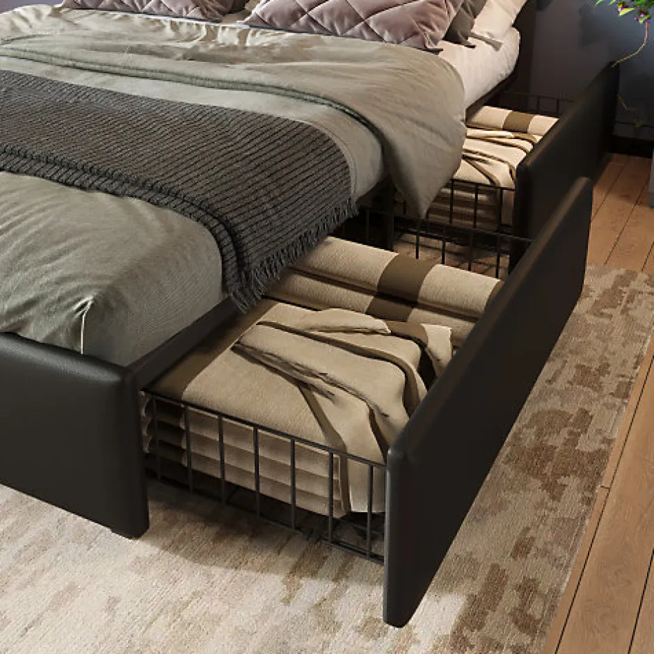 ModernLuxe Lit rembourré 90x200 cm avec LED et 4 tiroirs - tête de lit réglable en hauteur - en similicuir noir